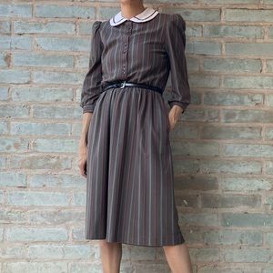 Vintage Secretary Dress 80s Taupe Grey Stripe Peter Pan Long Sleeve Midi Flannel